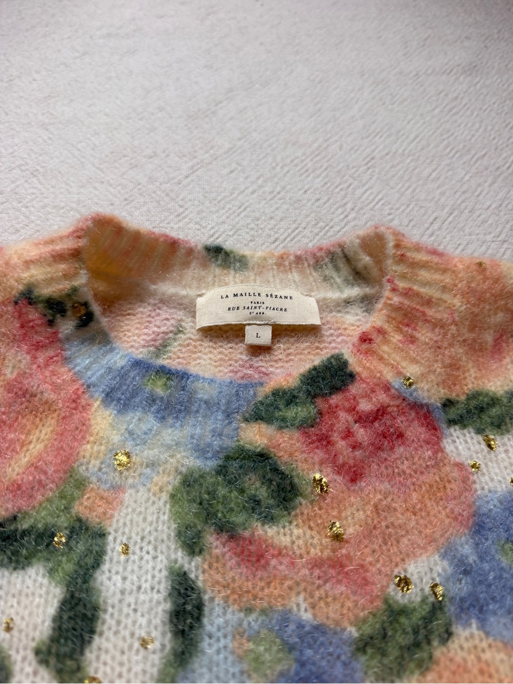 Sézane Malory Mohair Wool Pastel Roses Gold Flecked Sweater L Whimsy Boho Fall - Picture 6 of 9